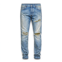 Jeans déchirés et délavés bleu clair 100 % coton pour homme, coupe droite, style streetwear, fabrication OEM sur mesure