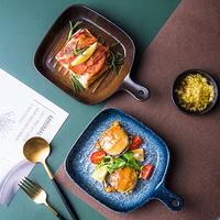 Plat de service carré en céramique avec poignée, 9 pouces, finition émaillée mouchetée, pour steak, idéal pour restaurant, cuisine et usage domestique