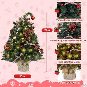 Arbre de Noël de table de 24 pouces avec cime d'arbre incurvée, mini arbre de Noël avec lumières, branches en PE et divers ornements de bricolage - Product Image 3