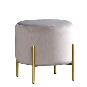 Modern Furniture Velvet Footstool Round Pouf Small Stool Gold Metal Legs Ottoman