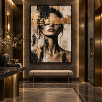 Peinture sur toile texturée Portrait Femme Masque d'Or, Art Mural Moderne Noir Beige pour Hôtel, Chambre, Bureau, Salon