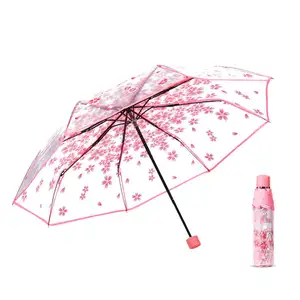 Venta al por mayor cubierta personalizada visión transparente paraguas transparente logotipo 3 paraguas plegable flor de cerezo paraguas transparente