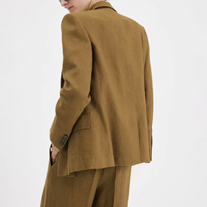 Chic Khaki Olive Linen Blend Notched Lapel Relaxed Fit Single Breasted Blazer women's suits&blaz - Product Image 4