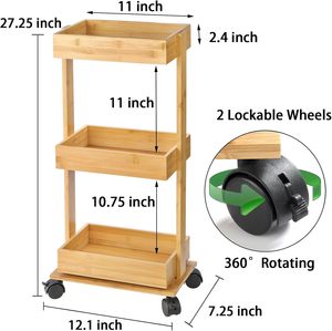Bamboo 3-Tier Slim Rolling Storage <strong>Cart</strong> Narrow Kitchen Utility <strong>Cart</strong> with Wheels Organizer for <strong>Spices</strong> Oils &amp; Bathroom Essentials - Product Image 3
