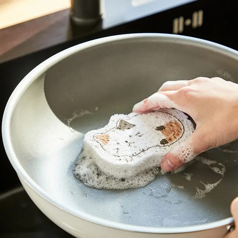แปรงฟองน้ำขัดหม้อผ้าฝ้ายดูดซับน้ำได้ดีฟองน้ำทำความสะอาดทนทานลายการ์ตูนสำหรับห้องครัว