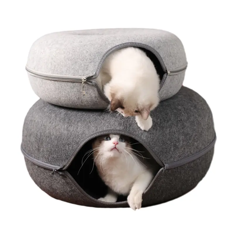 Hard Vilt 50Cm 60Cm Indoor Cat Nest House Donut Vorm Huisdier Tunnel Grotbed Met Rits Voor Katten