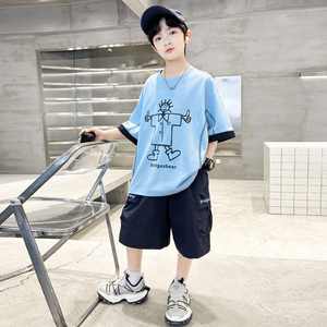 Ensemble de Vêtements pour Garçon Adolescent Été 2026 – T-shirt Imprimé <span class=keywords><strong>Bleu</strong></span> + Short – 2 Pièces Décontracté Grande Taille – 3 Couleurs - Product Image 4