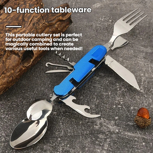 Ensemble de couverts 10 fonctions, grande fourchette et cuillère, pour la randonnée et les voyages en plein air, en acier inoxydable, pliable et détachable - Product Image 2