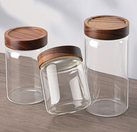 Pot de conservation rond en verre borosilicate transparent de qualité alimentaire, fait à la main, avec couvercle à vis en bois pour la cuisine