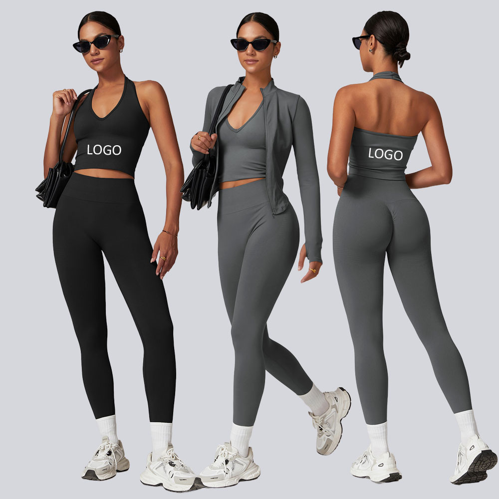 Custom LOGO GYM Sports Wear Zipper Jacket Sexy Halter Sports Bra Backless Vest for Women Yoga Pants Set Active Wear Set Shorts