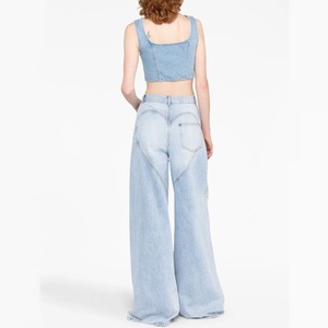 Nouveau design 2025 – Jean baggy personnalisé avec logo, taille haute, strass, coupe droite, jambe large, pantalon bleu avec surpiqûres - Product Image 5