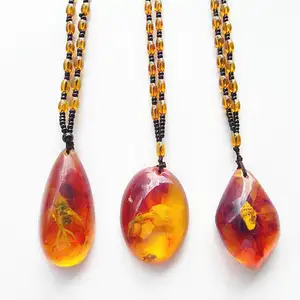 Natural Animal Plant Petrifaction Artificial Long Amber Necklace Waterproof Necklace