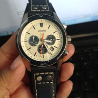 Montre à quartz pour homme style pilote, cadran crème, chronographe, bracelet en cuir de vachette marine, lunette tachymètre, montre-bracelet quotidienne pour homme d'affaires