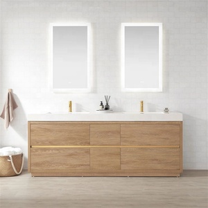 Tocador de baño moderno de madera Lavabo doble independiente Lavabo Tocador de baño en <span class=keywords><strong>roble</strong></span> <span class=keywords><strong>claro</strong></span> con parte superior de tocador de cuarzo blanco - Product Image 1
