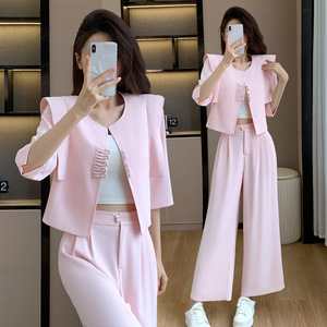 Women's Suit Set Pink Solid Color Crepe Breathable Casual Summer Style 2024 - Product Image 1
