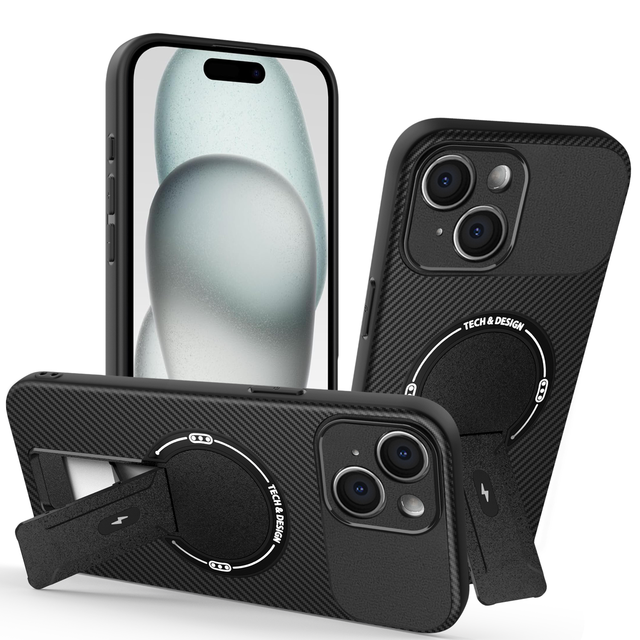 Carbon Fiber Texture Shockproof Case With Invisible Stand Magnetic Phone Case for iPhone 17 17 Air 17 Pro Max 16E 15 14 13 12 11