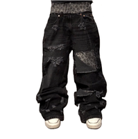 Jean baggy noir délavé pour homme, imprimé léopard, patchwork, effet usé, coupe large, style streetwear