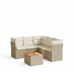 Ensemble de canapés de jardin en rotin beige 6 places, mobilier d'extérieur résistant aux intempéries, design contemporain, plateau en teck - Product Image 1