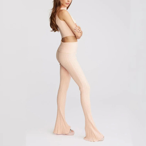 Pantalones de campana de punto acanalado <span class=keywords><strong>rosa</strong></span> de cintura baja, casuales, antiarrugas, antiestáticos, con botones y volantes, para primavera - Product Image 3