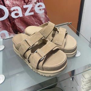 Brown Khaki Velcro Flat Sandals Women Open <b>Toe</b> Anti-Slippery Beach Shoes Slip-On Genuine Leather Upper Thick Sole Outdoor Heel - Product Image 3