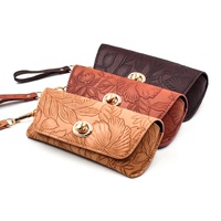 Étui à lunettes vintage en cuir PU gaufré floral, pochette de rangement rétro en métal avec fermoir rotatif et dragonne amovible