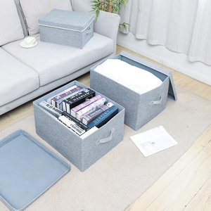 Solid Color Stackable Clothes Storage Box Organizer Foldable Linen Fabric Storage Box With Lid