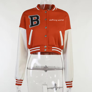 Women's Cropped Varsity Jacket Wool Blend Bomber Jacket <b>Button</b> Front Embroidered Letter Patchwork Winter Outerwear - Product Image 2