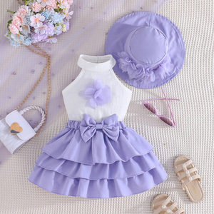 Ensemble de vêtements pour filles, haut sans manches à fleurs élégant et décontracté, jupe à nœud avec chapeau, ensemble en laine doux à trois pièces - Product Image 2