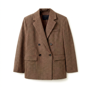 Blazer de Mujer a Cuadros Marrón, Doble Botonadura, Manga Larga, Cuello de Solapa, Largo Regular, Mezcla de Lana y Poliéster, Antiarrugas - Product Image 1