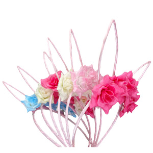 女性の女の子のための花のヘッドピースとファブリックバニー耳ヘッドバンドイースターウサギ耳ヘッドバンド - Product Image 5