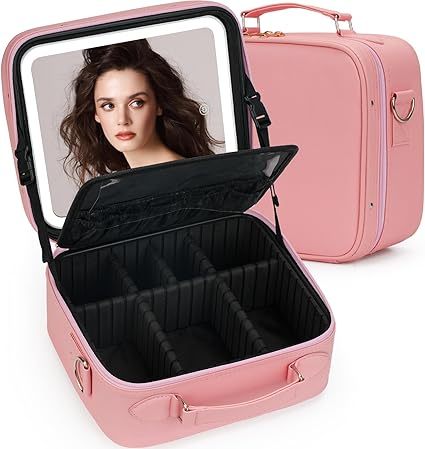 Adjustable PU Travel Makeup Case Light-Up Mirror Luxury Train Cosmetic Case Fashionable Train Case Dividers Waterproof Logo
