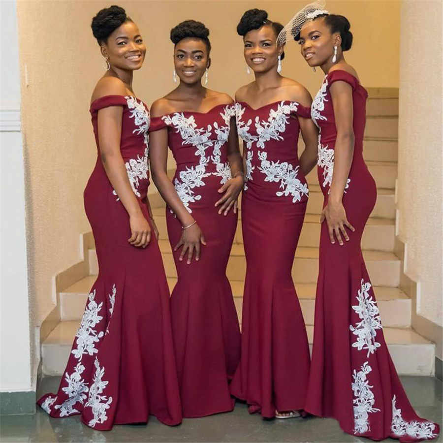 Morili Off the shoulder appliqued burgundy red Lace Elegant african maid of honor mermaid Burgundy Long Bridesmaid Dress MBA485