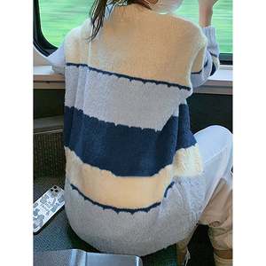 Pull décontracté à rayures ondulées pour femme, pull en tricot bleu et blanc, haut décontracté - Product Image 3
