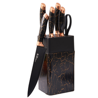 Ensemble de couteaux de chef de cuisine 7 pièces en acier inoxydable avec placage enduit de poignée en marbre et bloc en plastique pour la coupe