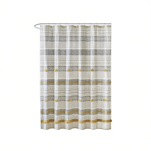 Rideau de douche en coton à rayures imprimées avec pompons, accessoire de salle de bain bohème - Product Image 1