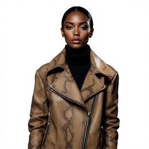 Chaqueta de Motociclista para Mujer, Color Marrón, Piel de Serpiente, Cierre de Cremallera, Cuello Plegable, Manga Larga, Abrigo de Otoño, Fabricación OEM a Medida, Estilo Vintage - Product Image 6