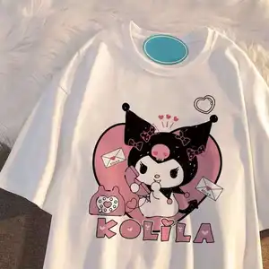 Camiseta Kuromi de manga curta Sanrioed personalizada para crianças Roupas vintage estampadas em 3D para mulheres de algodão slim manga curta