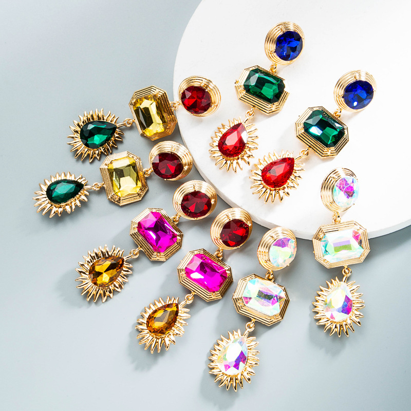 Dvacaman Luxury Fashion Dangle Earring Geometric Gold Multicolored Rhinestone Tassel Statement Drop Earrings Jewelry Women Gift