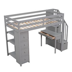 Twin Size Wooden Loft Bed with Storage Drawers <b>Desk</b> and Stairs Gray <b>Shelves</b> for Kids - Product Image 3