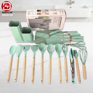 Ensemble de couteaux de cuisine en silicone 19 pièces OEM/ODM avec manche en bois, planche à découper et bac de rangement spécial, y compris spatules et ustensiles - Product Image 3