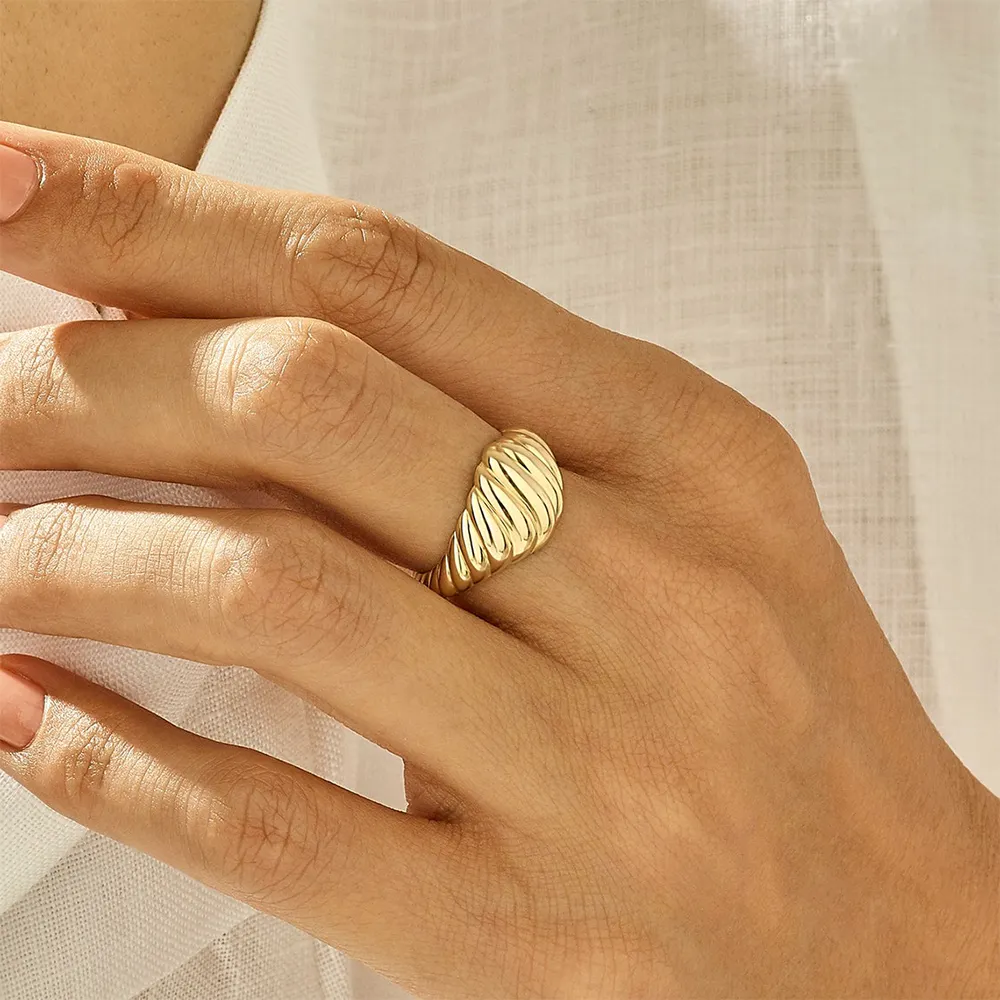 Croissant Ring 18K Gold Plated Stainless Steel Statement Ring Vintage Chunky Stripes Braided Twisted Rope Ring