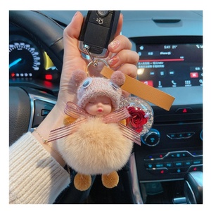 Cute Sleeping Baby Doll Valentines Gift Preserved Roses Flower Ball Sleep Doll Key Chain Eternal Flower Car Hangings Key Chains