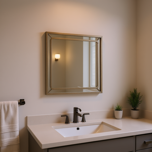 Miroir de salle de bain finition latte, rectangulaire, encadré en bois, à suspendre au mur, accessoire de salle de bain contemporain - Product Image 2