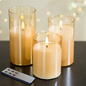 Candele senza fiamma in vetro LED oro con telecomando e Timer vera cera 3D-Wick pilastro candele per decorazioni per la casa