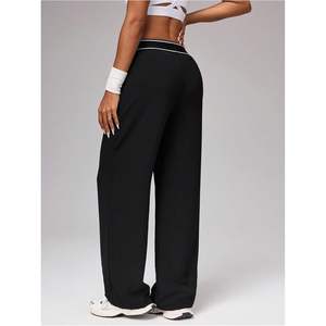 Pantalon de survêtement large pour femme, taille haute élastique, décontracté, ample, avec poches, en tissu tricoté respirant - Product Image 1