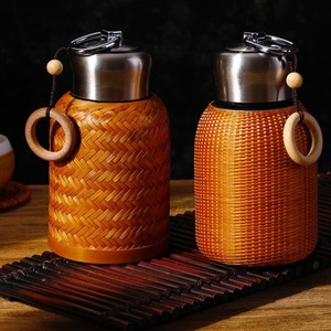 Handmade Bamboo Woven <b>Thermos</b> Cup Stainless Steel Portable Travel Tea Water <b>Bottle</b> 12-24 Hour Insulation Round Shape - Product Image 1