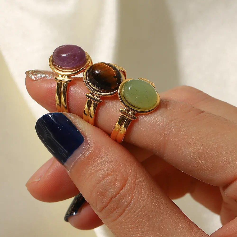 Stainless Steel 18K Gold Ring Oval Tiger Eye/Green/Purple Semi-Precious Stone Open Ring For Women