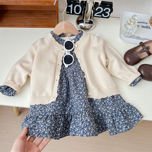 Tongxingyuan Girls Floral Dress Set With Knitted <b>Cardigan</b> Two Piece Autumn Outfit <b>Beige</b> Blue Cotton Kids Clothing - Product Image 2