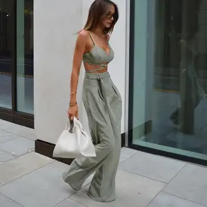 Enyami Minimalist Chic Woven Matching Suit Women Vest Top Female Casual Loose Trousers Summer Streetwear 2 Piece Pants Sets