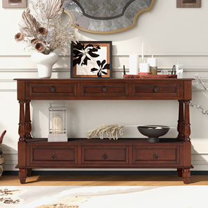 <span class=keywords><strong>Table</strong></span> console en bois massif avec 6 tiroirs et étagère, <span class=keywords><strong>table</strong></span> <span class=keywords><strong>de</strong></span> <span class=keywords><strong>salon</strong></span> vintage en bois à 2 niveaux <span class=keywords><strong>de</strong></span> 54 pouces pour <span class=keywords><strong>salon</strong></span>, couloir, entrée - Product Image 1